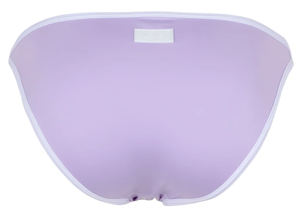 Lavender mesh bikini bottom with white trim and a small rectangular label at the waistband from clever 1848 relax bikini color lilac