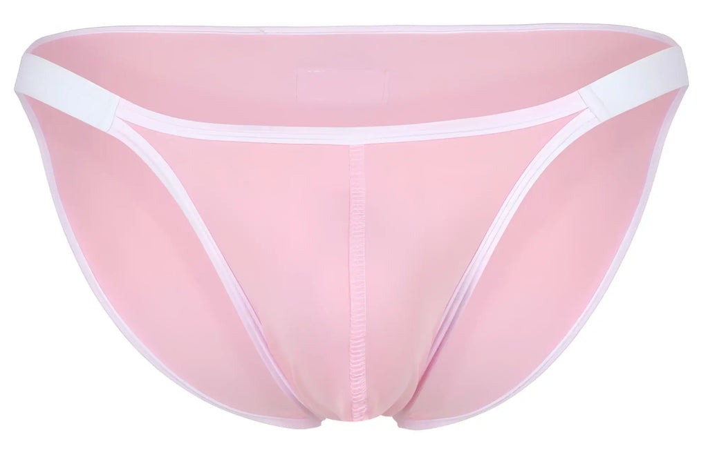 Pink sheer mesh briefs clever 1848 relax bikini with white elastic trim and central seam front view