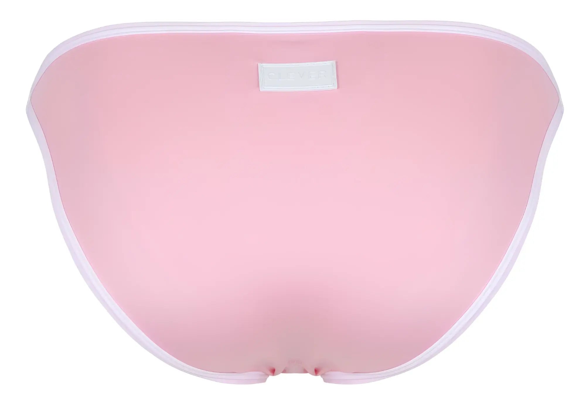 Back view of clever 1848 relax bikini bottom in pink with white trim and small rectangular label on the back