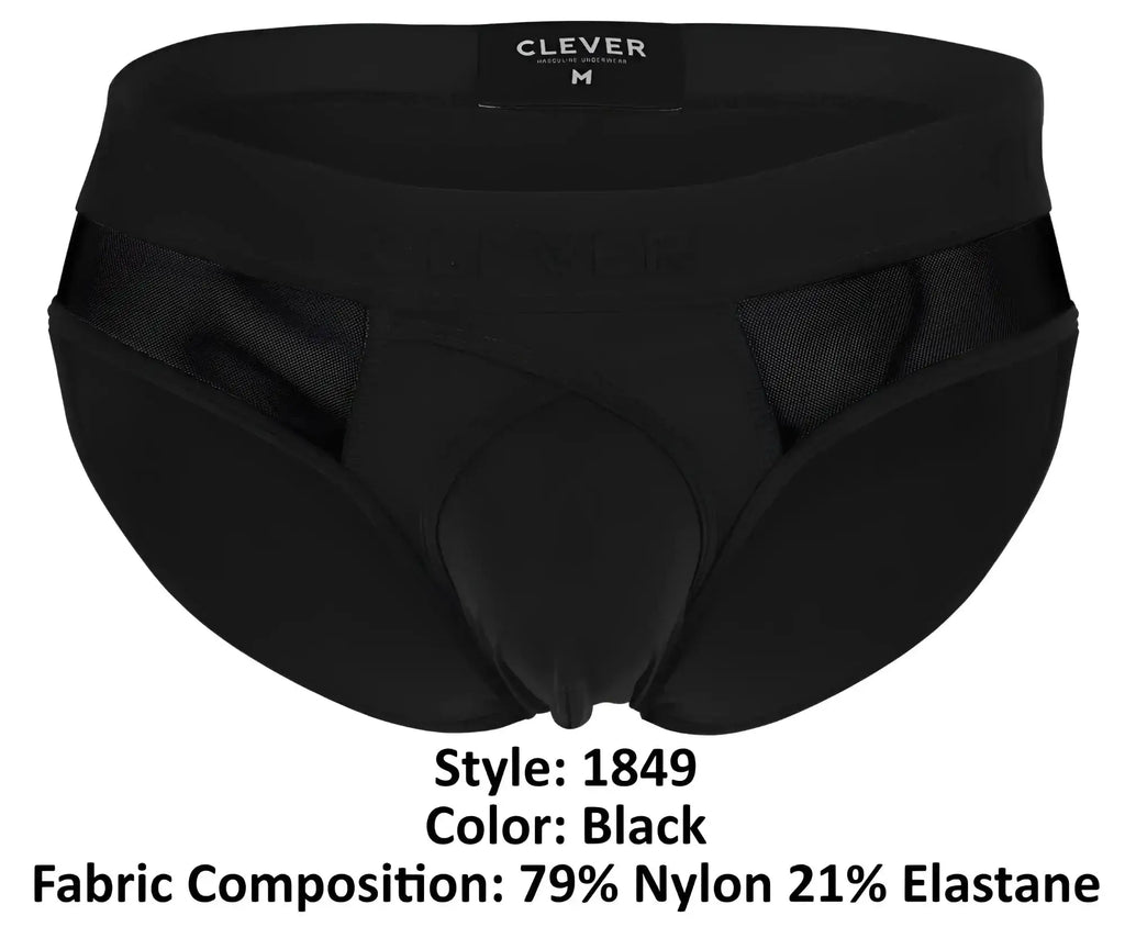 Clever 1849 Eros bikini black briefs with mesh side panels and branded label made from nylon and elastane