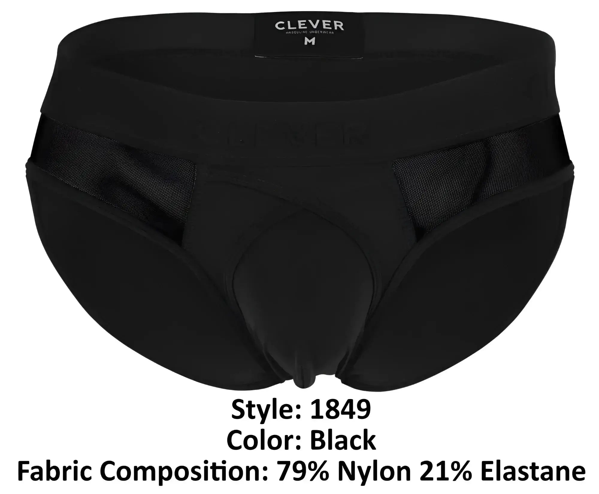 Clever 1849 Eros bikini black briefs with mesh side panels and branded label made from nylon and elastane