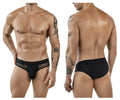 Black clever 1849 eros bikini briefs with a sheer mesh side panel and solid fabric back shown from the back side