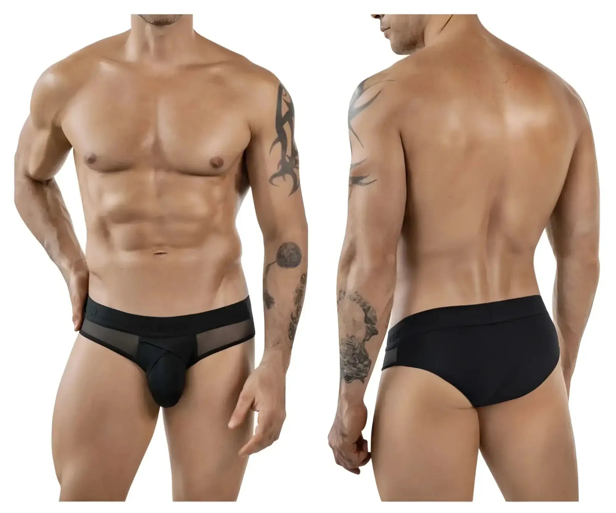 Black clever 1849 eros bikini briefs with a sheer mesh side panel and solid fabric back shown from the back side