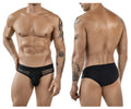 Black clever 1849 eros bikini briefs with a sheer mesh side panel and solid fabric back shown from the back side