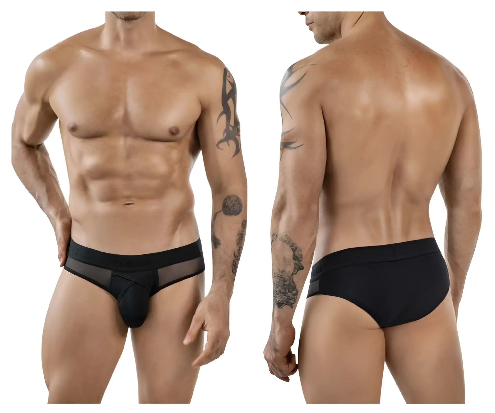 Black clever 1849 eros bikini briefs with a sheer mesh side panel and solid fabric back shown from the back side