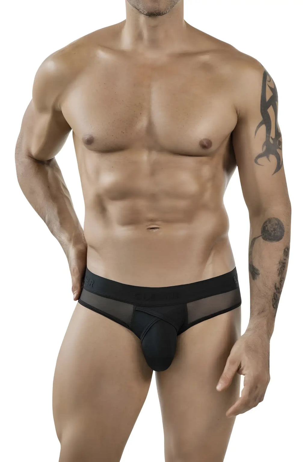Black mesh and solid fabric briefs with contoured design clever 1849 eros bikini in black color