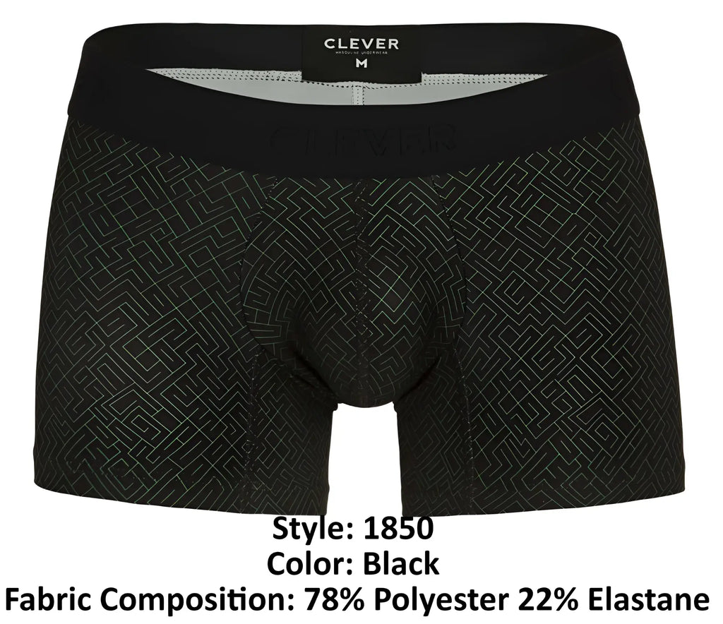 Black boxer briefs with a subtle geometric pattern and black elastic waistband style 1850 by clever in color black
