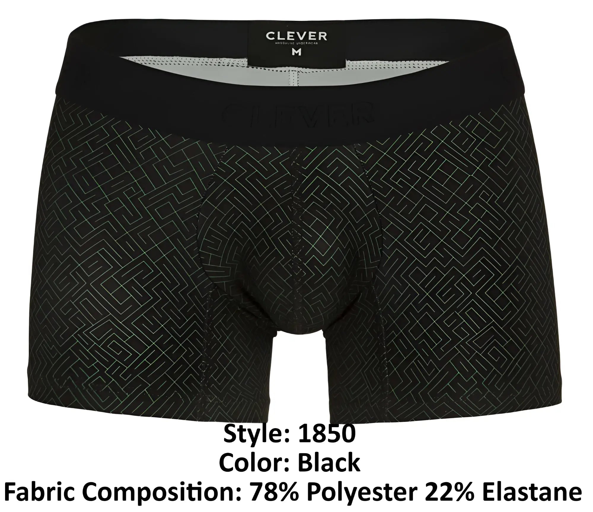 Black boxer briefs with a subtle geometric pattern and black elastic waistband style 1850 by clever in color black