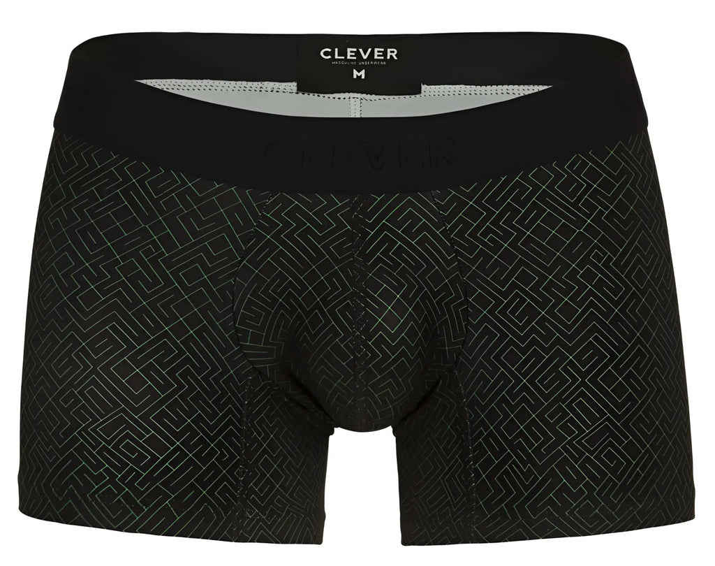 Black clever 1850 laberin trunks boxer briefs with subtle light gray geometric pattern and clever waistband label