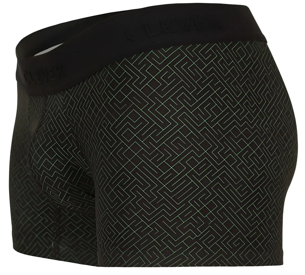 Black clever 1850 laberin trunks boxer briefs with subtle light gray maze pattern and branded elastic waistband