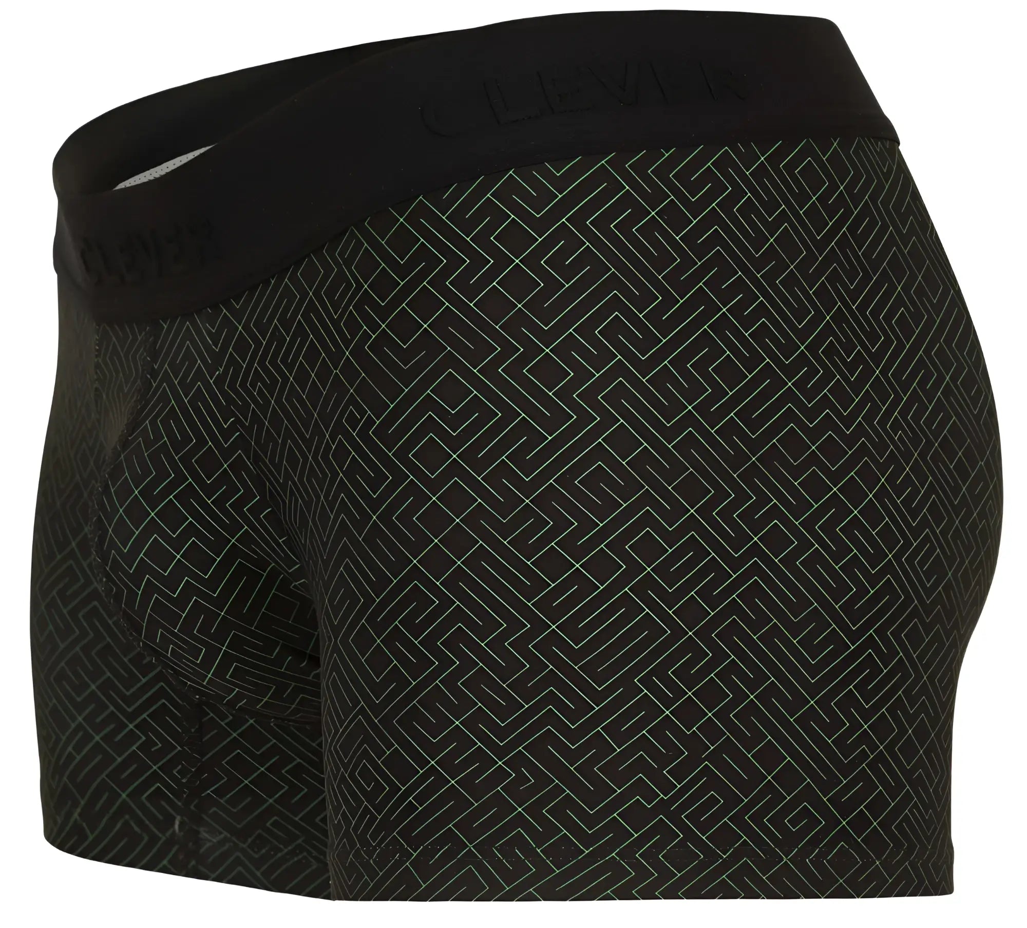 Black clever 1850 laberin trunks boxer briefs with subtle light gray maze pattern and branded elastic waistband