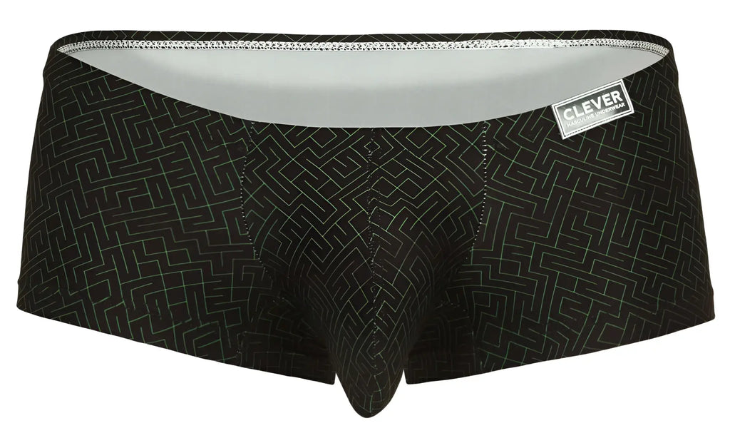 Black men’s briefs clever 1852 laberin trunks with white geometric maze pattern and light gray inner waistband
