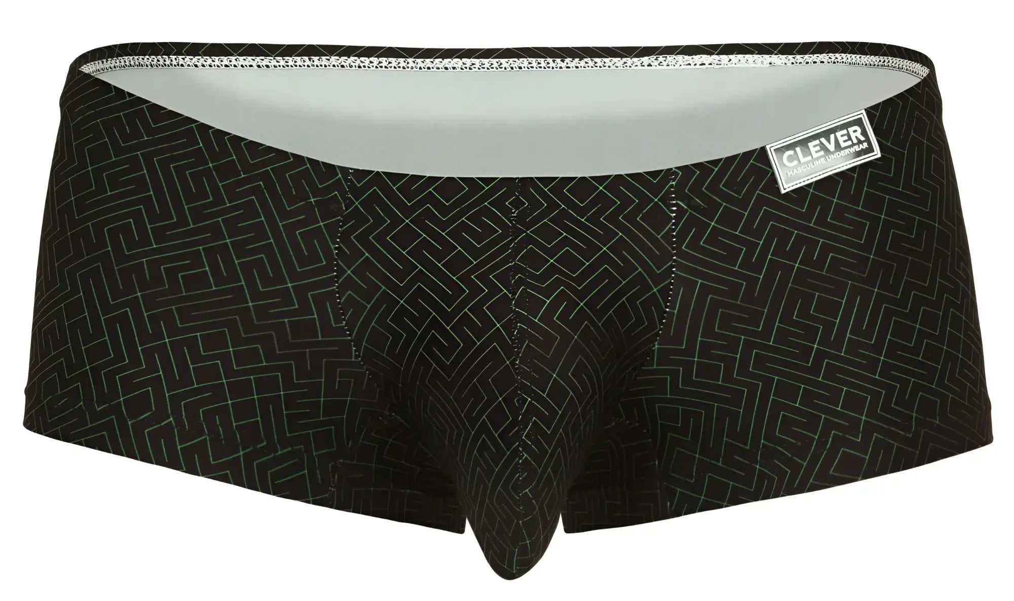 Black men’s briefs clever 1852 laberin trunks with white geometric maze pattern and light gray inner waistband