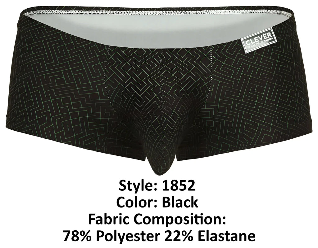 Black men’s briefs clever 1852 laberin trunks with subtle white maze pattern and branded clever waistband in black