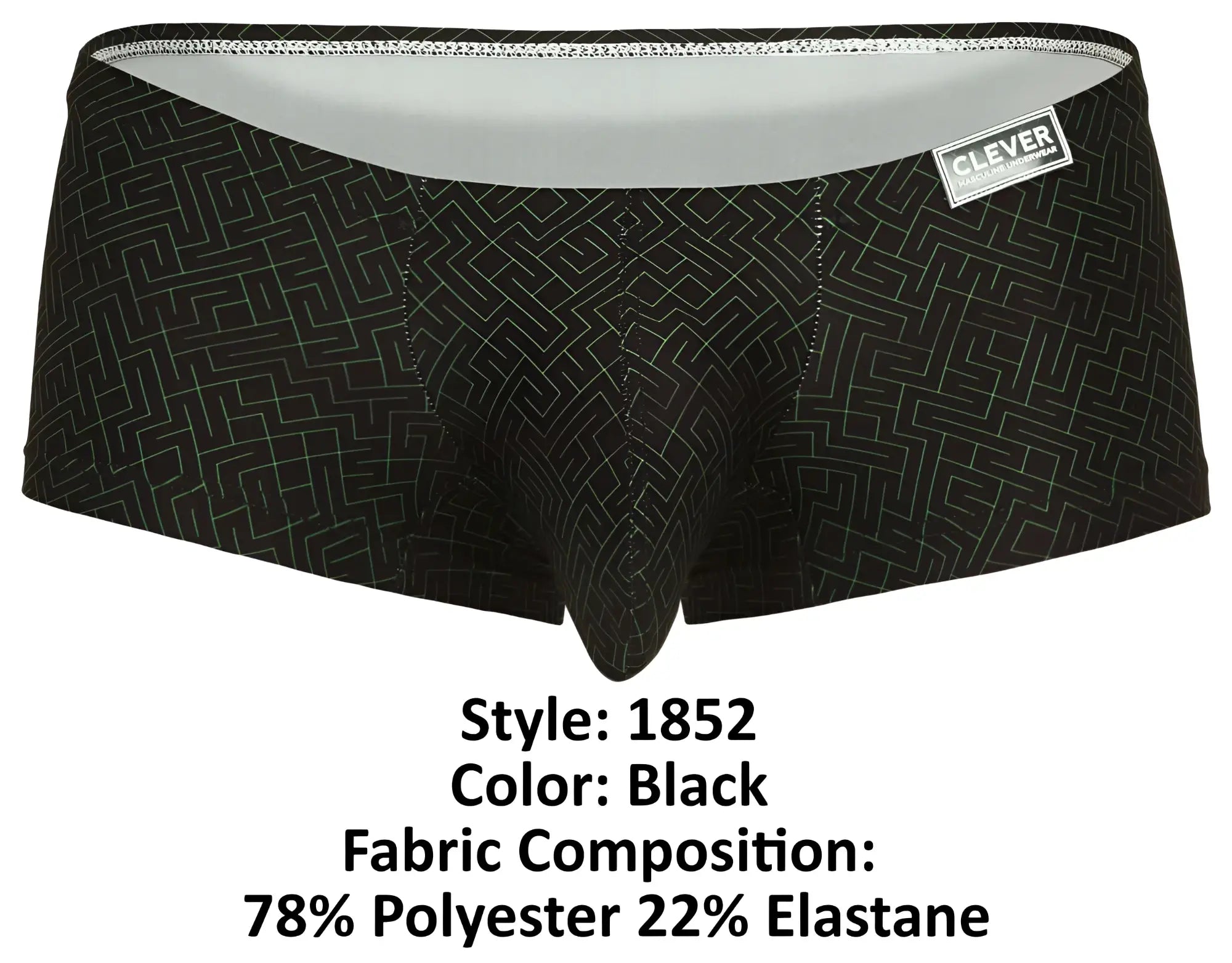 Black men’s briefs clever 1852 laberin trunks with subtle white maze pattern and branded clever waistband in black