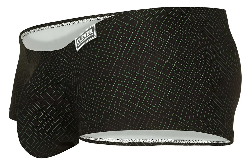 Clever 1852 laberin black swim trunks with subtle light gray maze pattern and white trim on waistband and legs