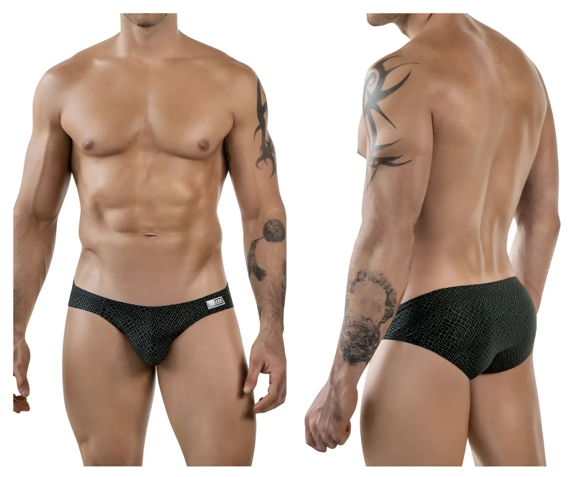 Clever 1853 laberin bikini briefs in black with subtle geometric pattern and small white brand tag on waistband