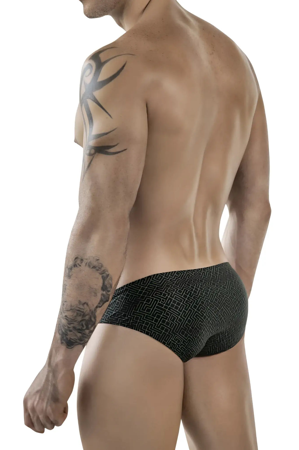 Black clever 1853 laberin bikini briefs with subtle white geometric pattern front view