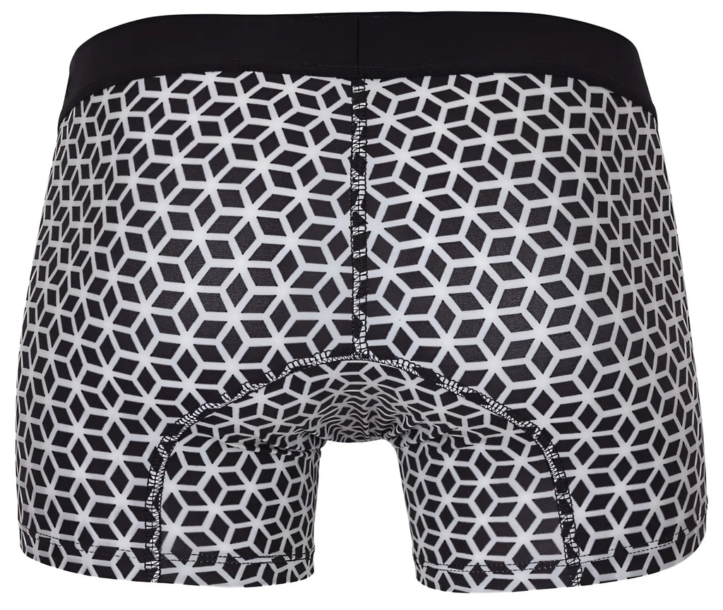 Clever 1854 cuadricula trunks in white feature black and white geometric pattern and solid black waistband boxer briefs
