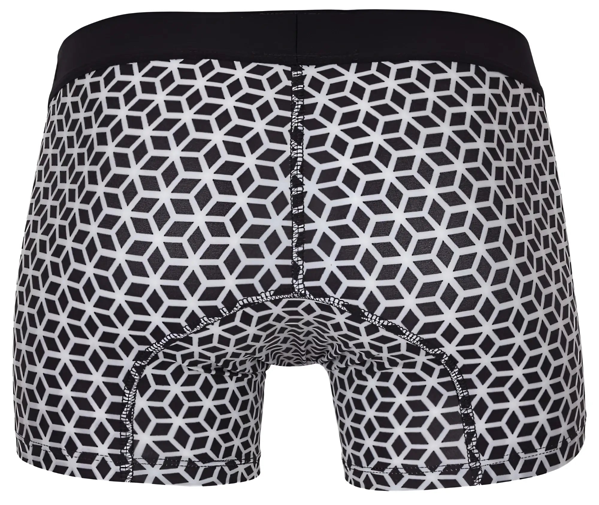 Clever 1854 cuadricula trunks in white feature black and white geometric pattern and solid black waistband boxer briefs