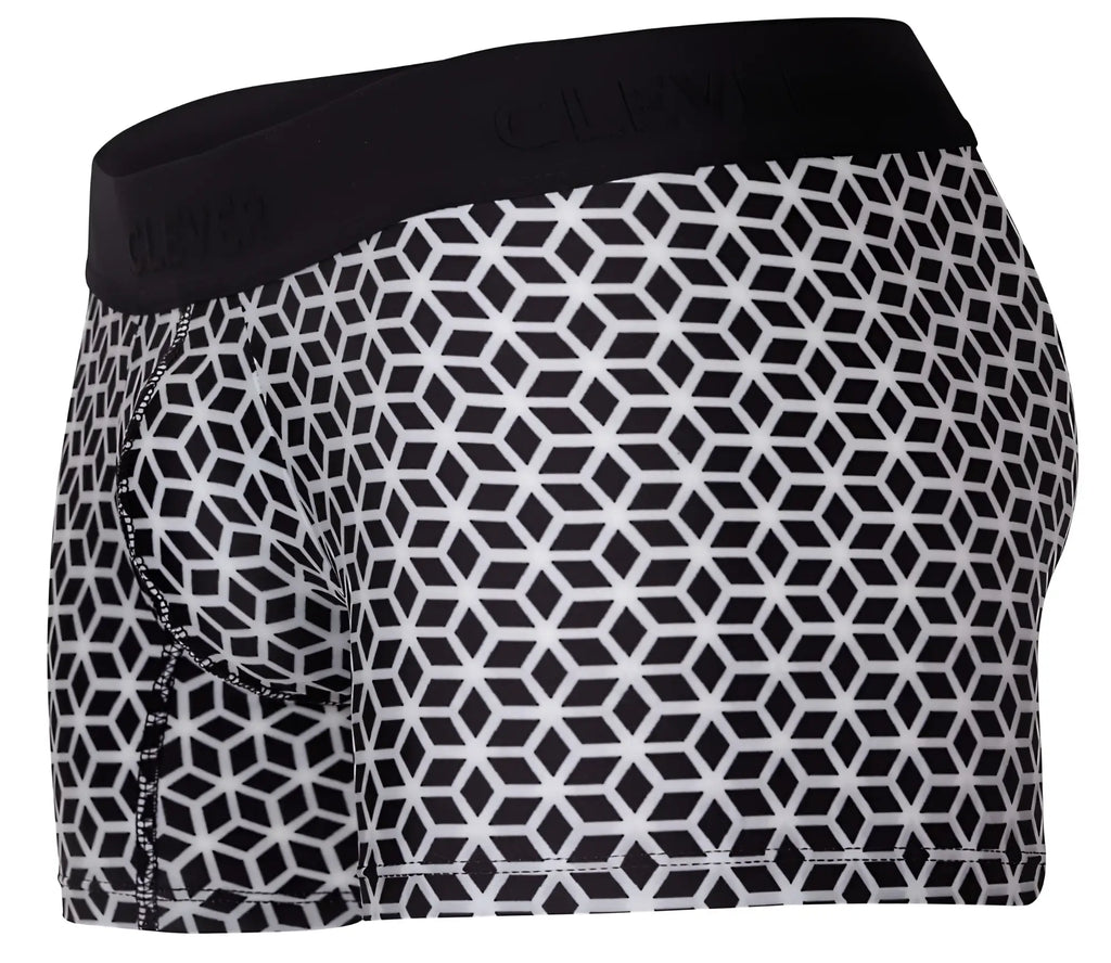 Clever 1854 cuadricula trunks in white feature black and white geometric patterns with a black elastic waistband
