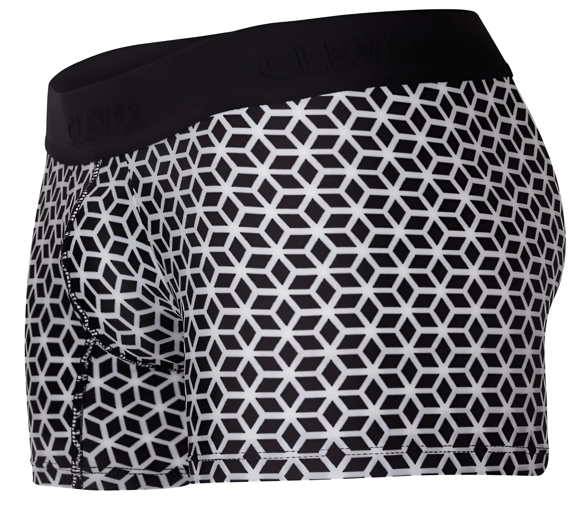 Clever 1854 cuadricula trunks in white feature black and white geometric patterns with a black elastic waistband