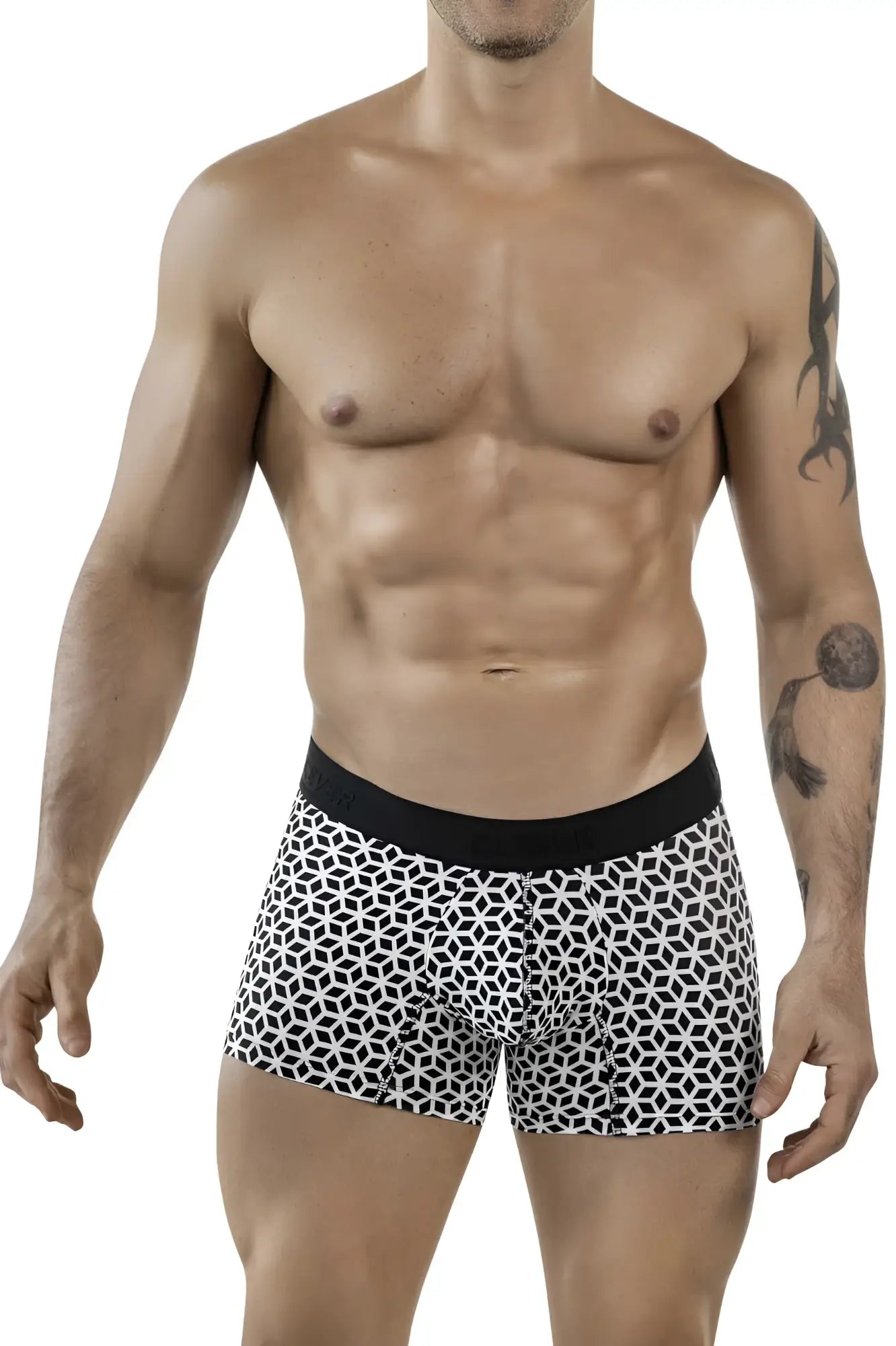 Clever 1854 Cuadricula trunks in white feature black and white geometric patterns with a solid black waistband