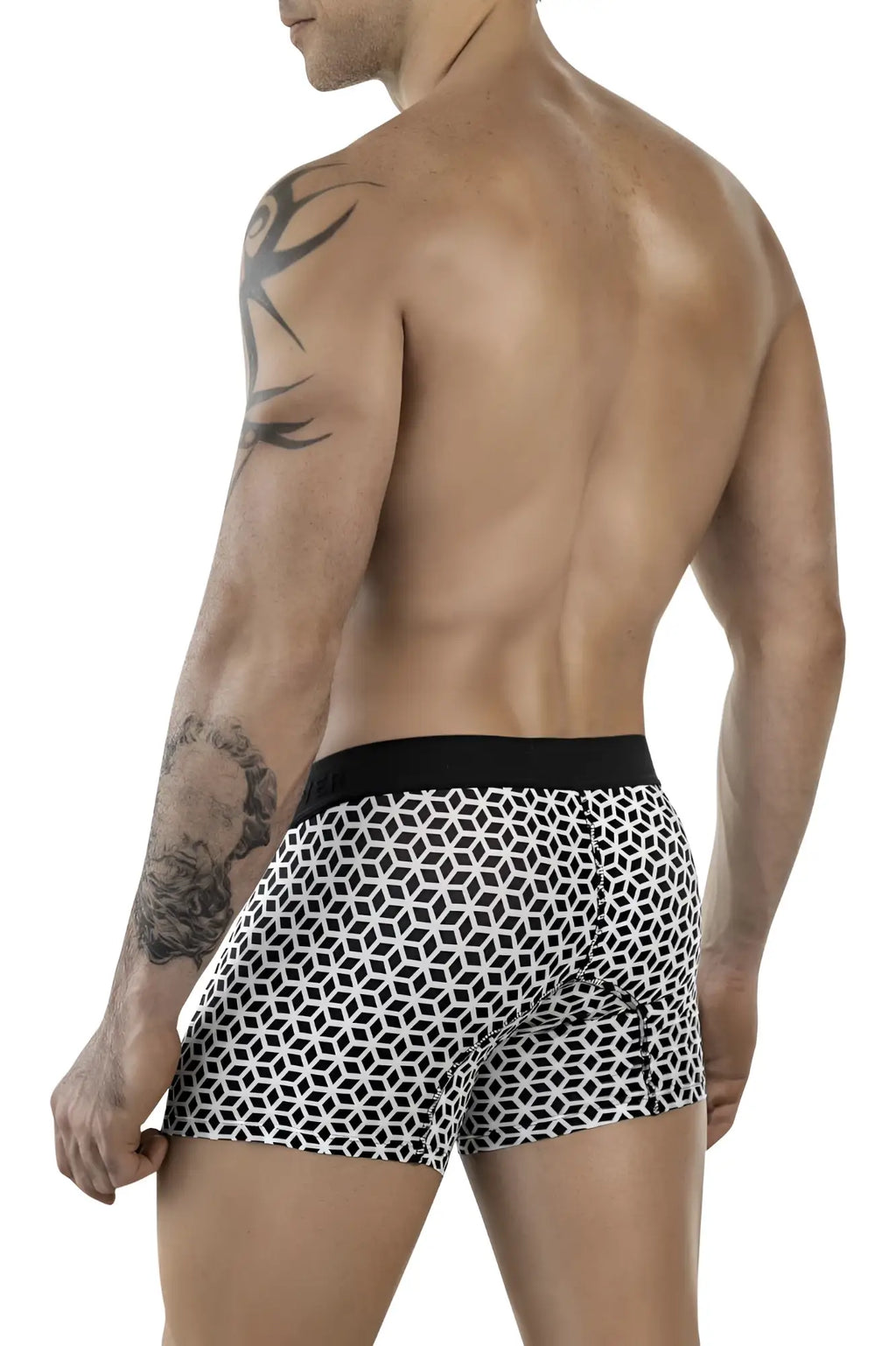 Clever 1854 cuadricula trunks are black and white geometric patterned men’s boxer briefs with a solid black waistband
