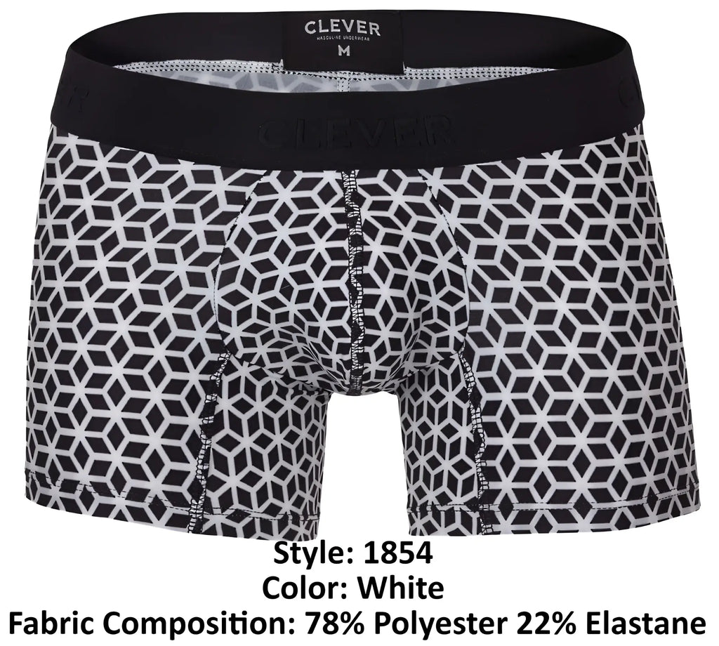 White boxer briefs with black geometric pattern and elastic waistband by clever model 1854 cuadricula trunks color white