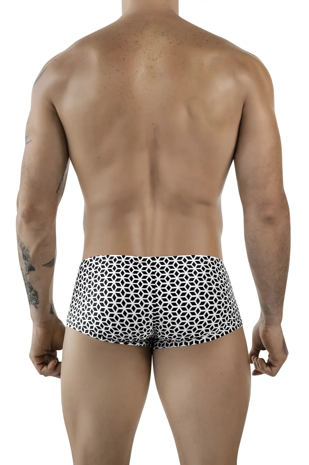 Men’s white Clever 1856 cuadricula trunks with black and white geometric pattern designed for swimming