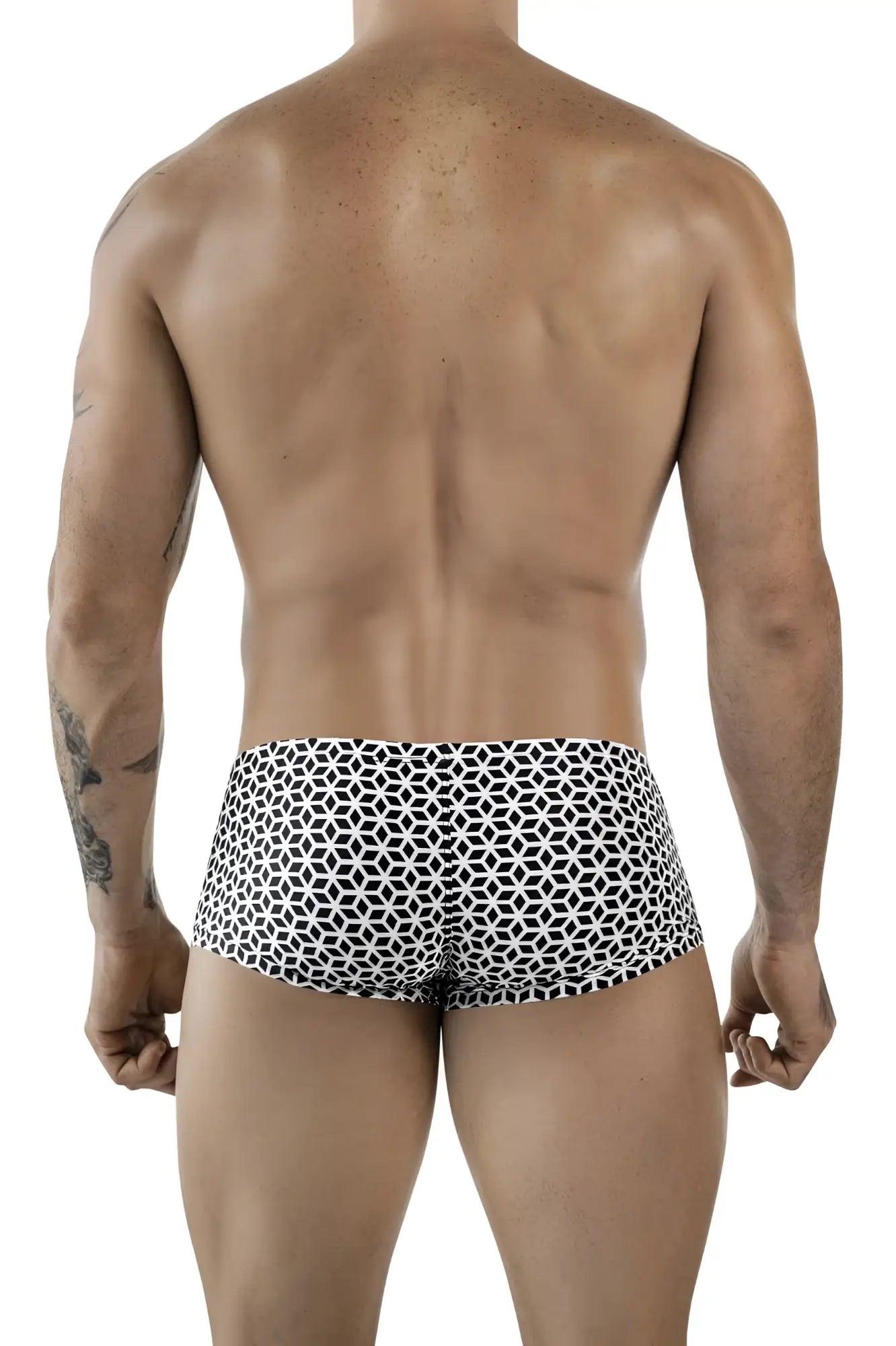 Men’s white Clever 1856 cuadricula trunks with black and white geometric pattern designed for swimming