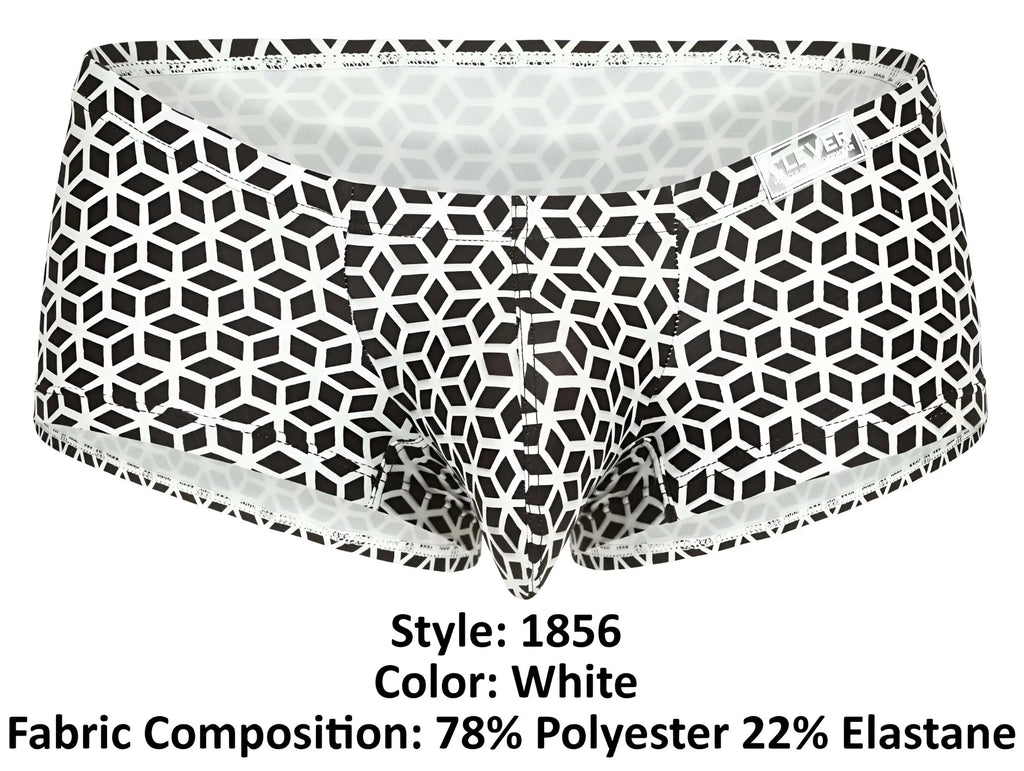 White briefs clever 1856 cuadricula trunks with bold black geometric interlocking cube pattern on white fabric