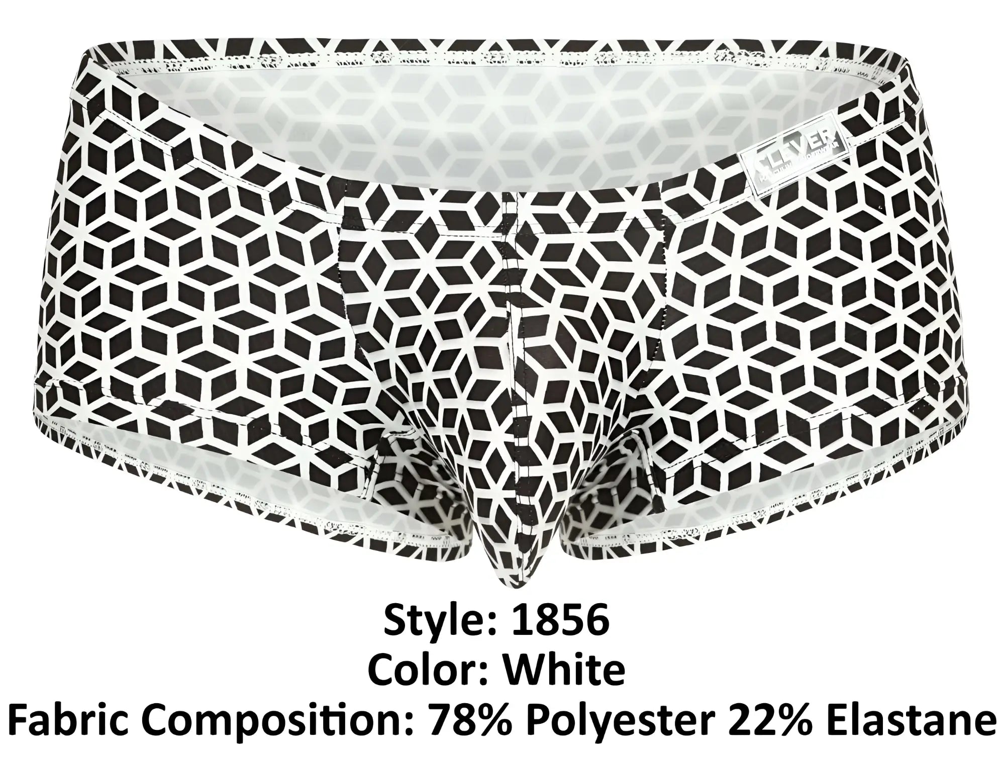 White briefs clever 1856 cuadricula trunks with bold black geometric interlocking cube pattern on white fabric