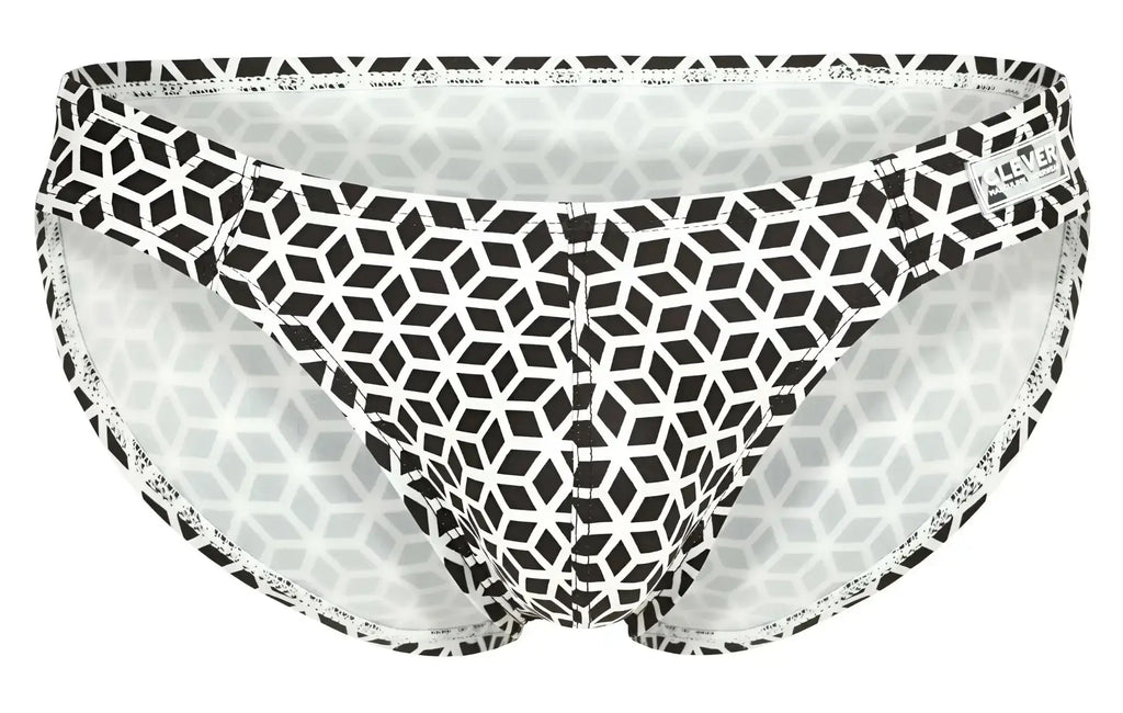 Black and white geometric patterned clever 1857 cuadricula bikini briefs with subtle lace trim in white