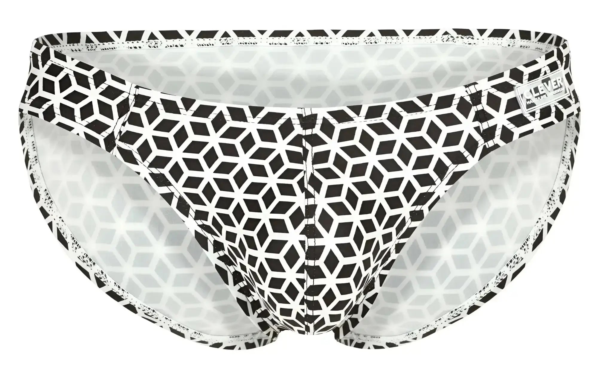 Black and white geometric patterned clever 1857 cuadricula bikini briefs with subtle lace trim in white
