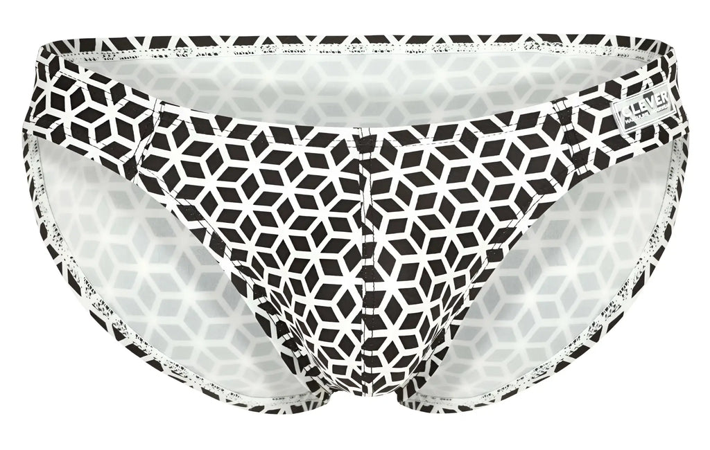 Black and white geometric patterned clever 1857 cuadricula bikini briefs with subtle lace trim in white