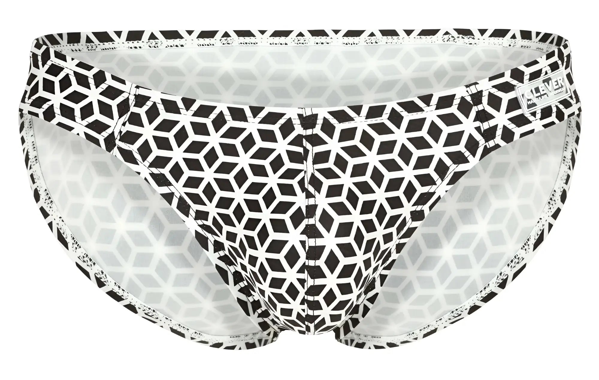 Black and white geometric patterned clever 1857 cuadricula bikini briefs with subtle lace trim in white