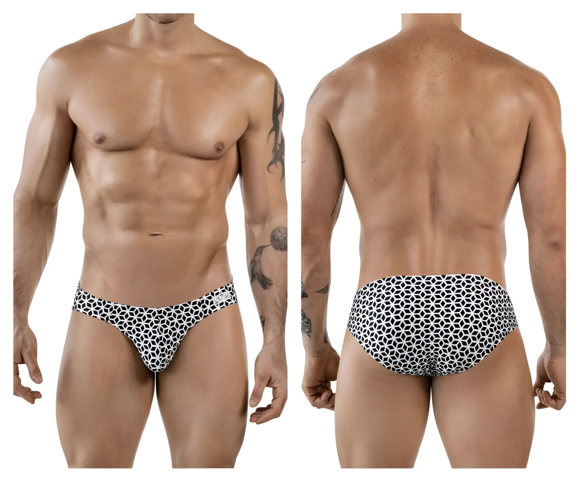 Black and white geometric patterned Clever 1857 Cuadricula bikini color white men’s swim trunks for beachwear