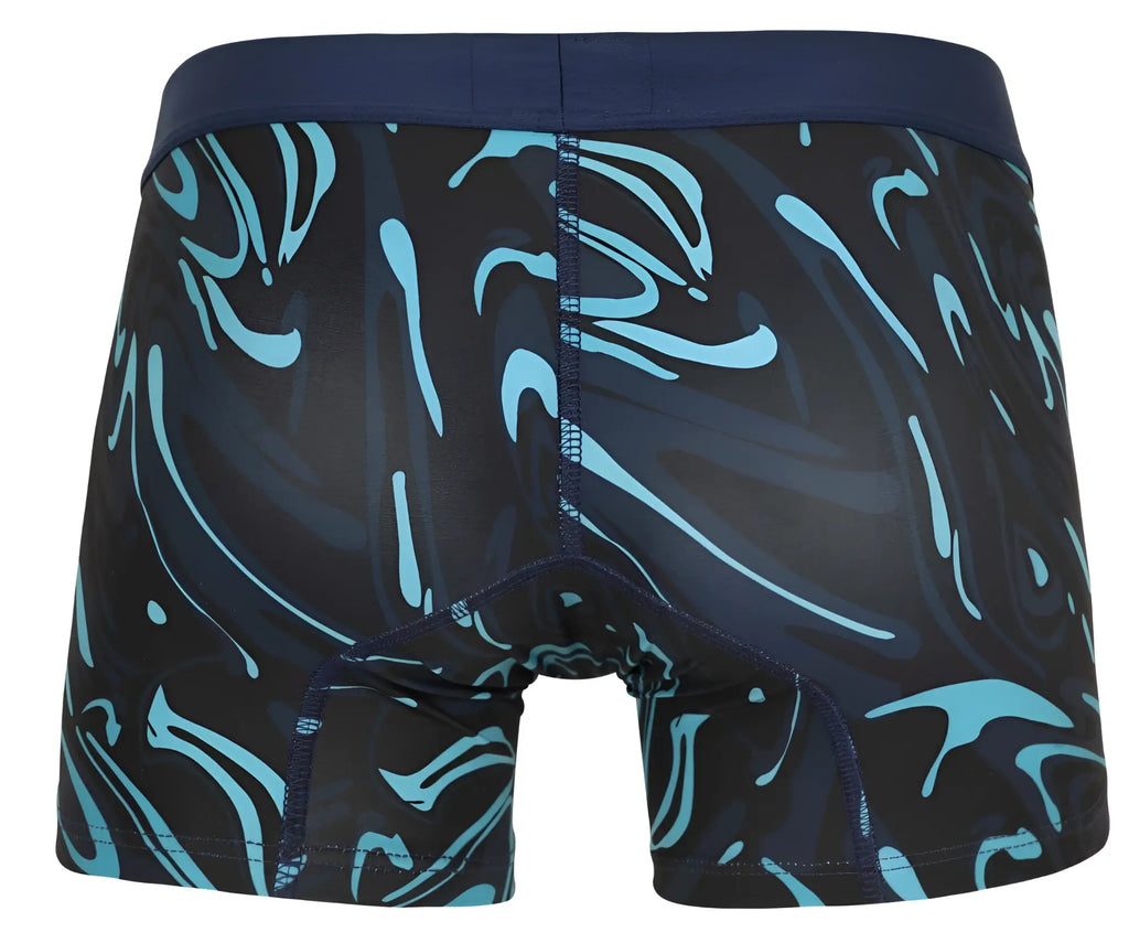Clever 1858 Grosh trunks dark blue boxer briefs in black and teal abstract swirl pattern with navy waistband