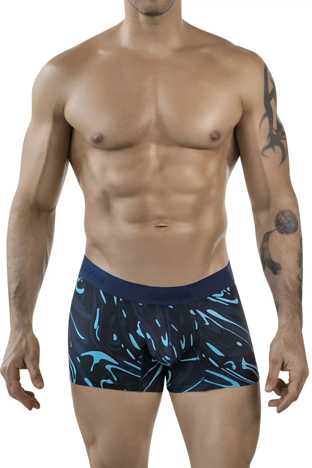 Dark blue clever 1858 grosh trunks boxer briefs with vibrant turquoise abstract wave pattern and solid navy waistband