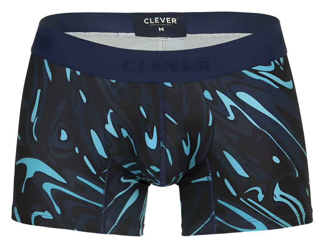 Dark blue clever 1858 grosh trunks boxer briefs with turquoise abstract swirl pattern and branded waistband