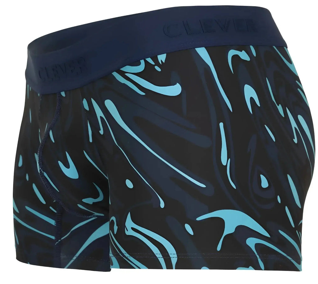 Dark blue clever 1858 grosh trunks boxer briefs with vibrant teal abstract swirl pattern and embossed waistband