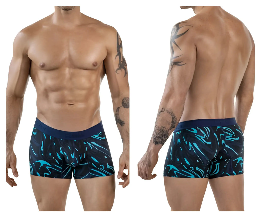 Men’s boxer briefs clever 1858 grosh trunks dark blue with navy base and turquoise abstract swirl pattern and dark blue waistband