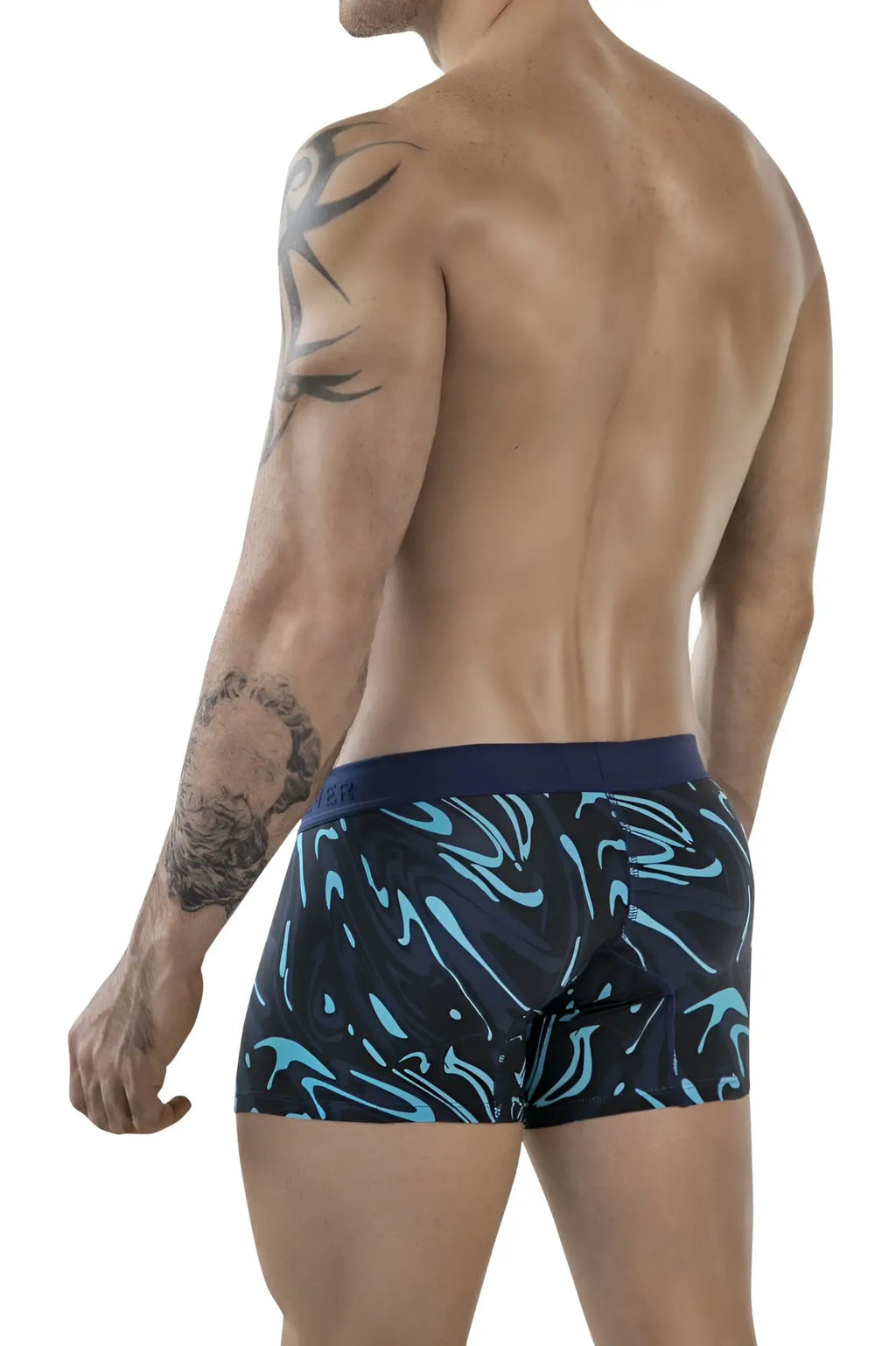 Men’s clever 1858 grosh trunks boxer briefs in dark blue with vibrant turquoise abstract wave pattern on soft fabric