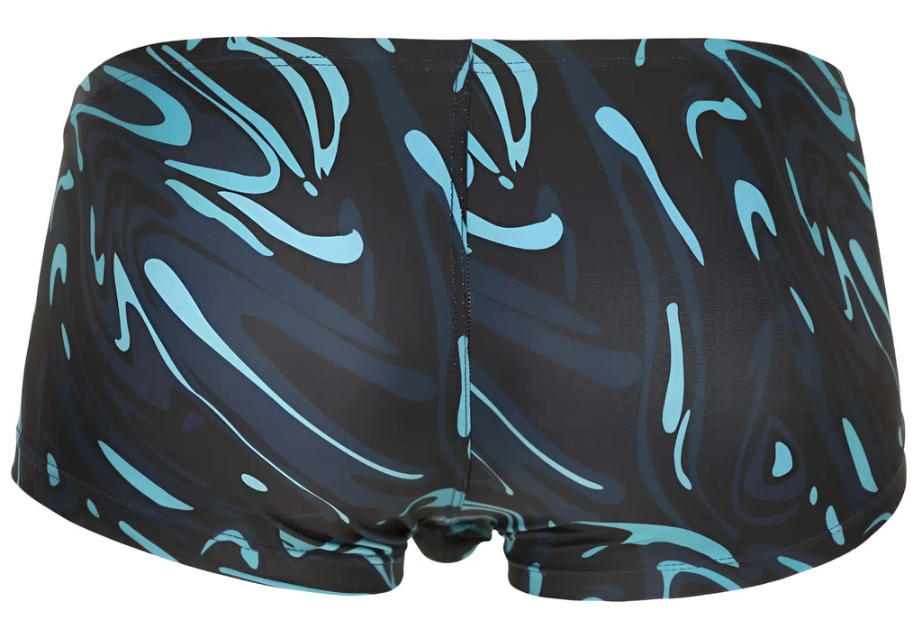 Black clever 1860 grosh swim trunks with teal and light blue swirling pattern in dark blue color