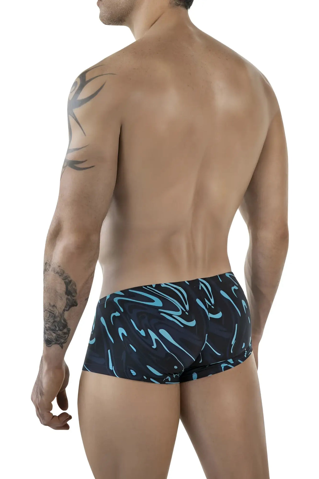 Black swim trunks clever 1860 grosh trunks in dark blue with vibrant turquoise abstract wave pattern