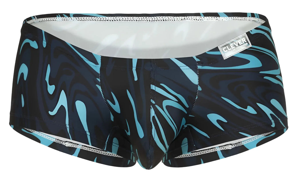 Clever 1860 Grosh trunks in dark blue feature black and teal abstract waves with silver zipper trim for swimwear