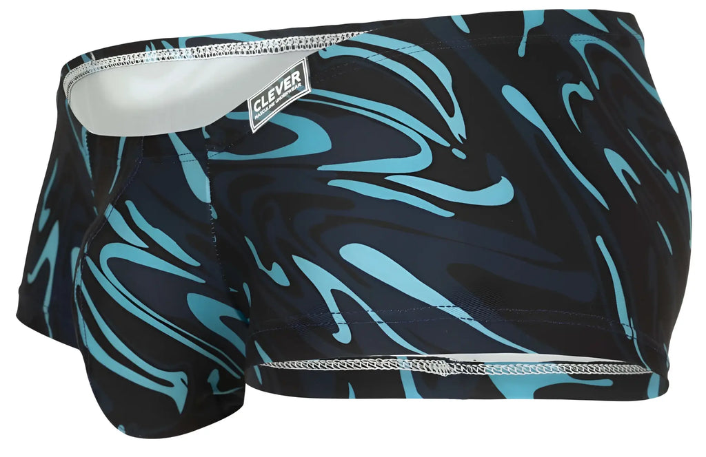 Clever 1860 Grosh trunks in dark blue black with turquoise abstract swirls and silver zipper trim for men