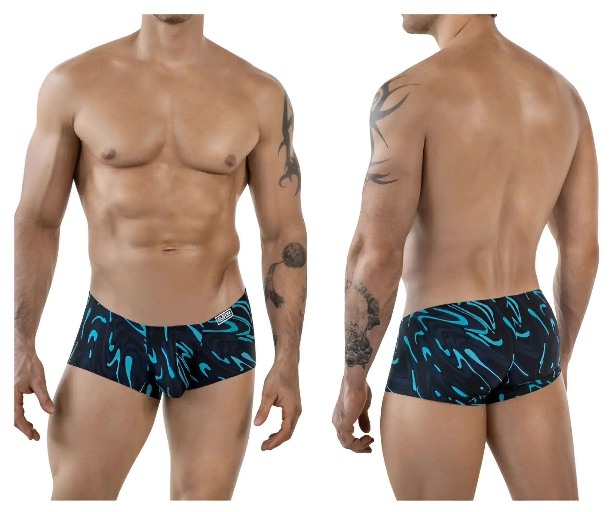 Men’s clever 1860 grosh swim trunks in dark blue with black and teal abstract swirl design for swimming and beachwear