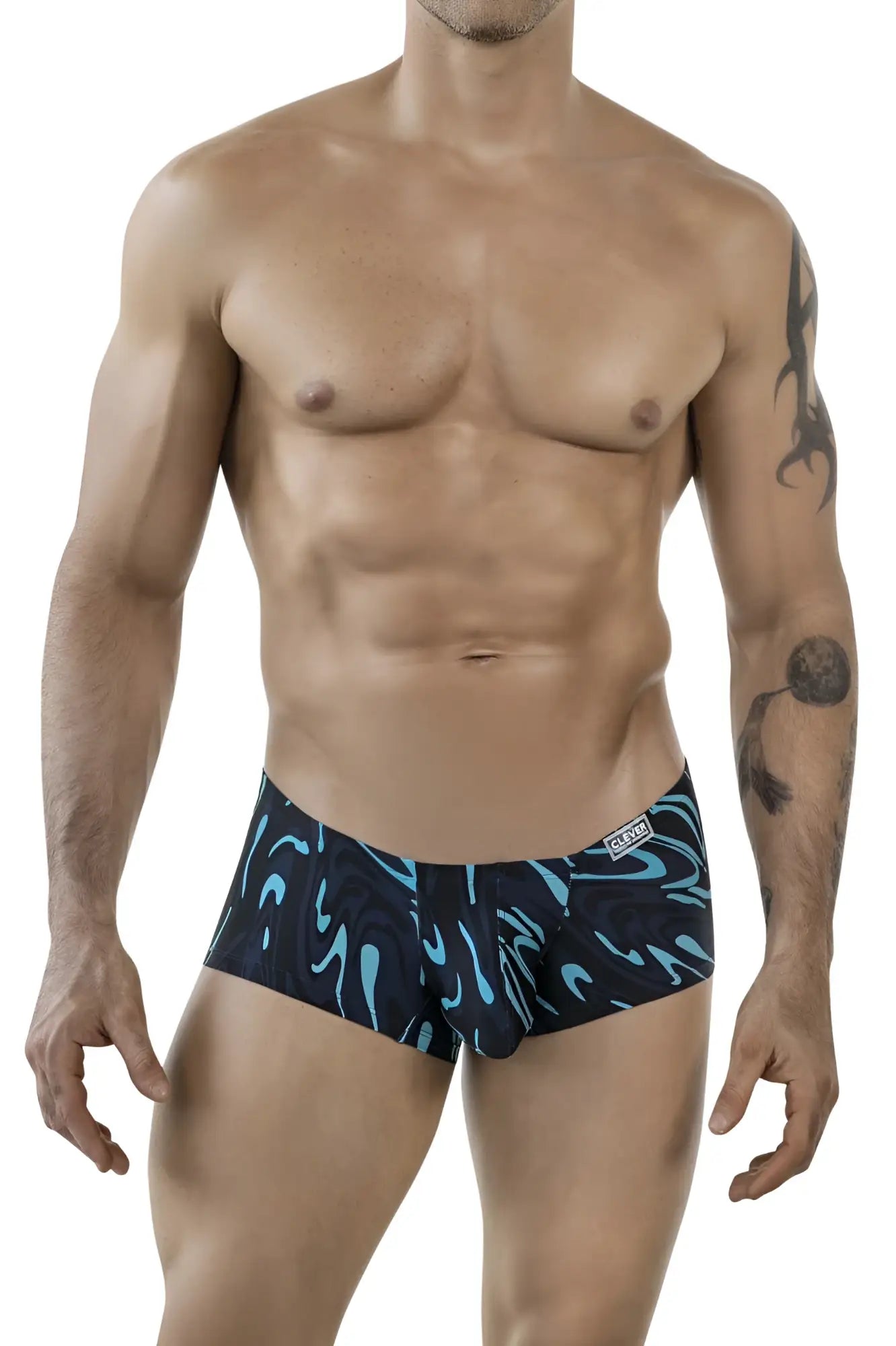Men’s clever 1860 grosh trunks briefs in dark blue with black and teal abstract wave pattern for comfortable wear